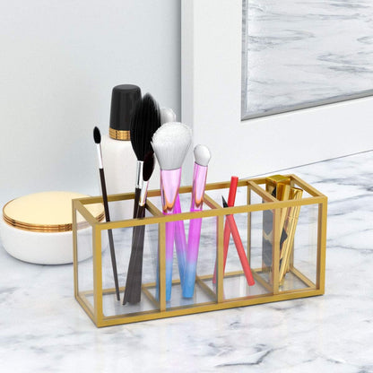Acrylic Pen Holder 4 Compartments, Clear Desk Pencil Organizer Cup