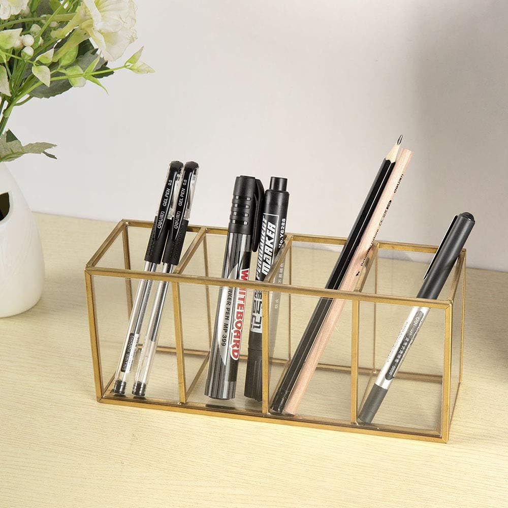 Acrylic Pen Holder 4 Compartments, Clear Desk Pencil Organizer Cup