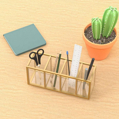 Acrylic Pen Holder 4 Compartments, Clear Desk Pencil Organizer Cup