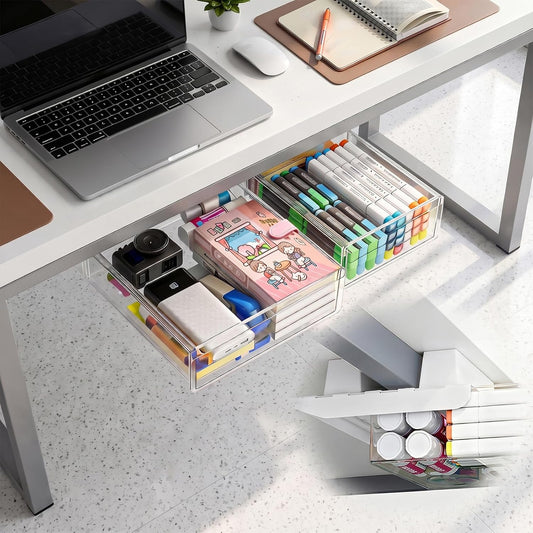 2-Pack Under Desk Drawer for Desk with Frame & Beam, Fits Where Standard Drawers Can't, 52mm Heightened Slide Out Organizer, Dual Adhesive or Screw Mount, Clear PET Under Table Storage