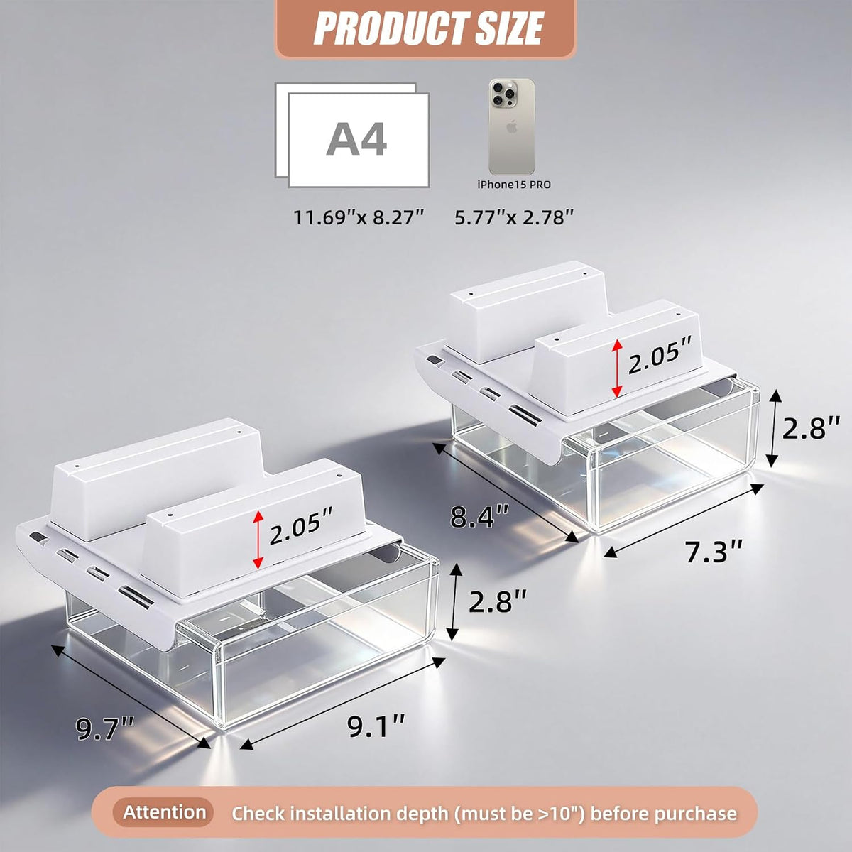2-Pack Under Desk Drawer for Desk with Frame & Beam, Fits Where Standard Drawers Can't, 52mm Heightened Slide Out Organizer, Dual Adhesive or Screw Mount, Clear PET Under Table Storage