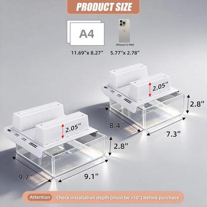 2-Pack Under Desk Drawer for Desk with Frame & Beam, Fits Where Standard Drawers Can't, 52mm Heightened Slide Out Organizer, Dual Adhesive or Screw Mount, Clear PET Under Table Storage