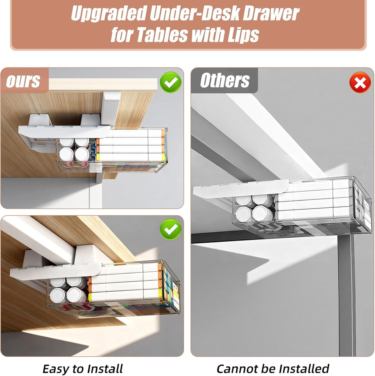 2-Pack Under Desk Drawer for Desk with Frame & Beam, Fits Where Standard Drawers Can't, 52mm Heightened Slide Out Organizer, Dual Adhesive or Screw Mount, Clear PET Under Table Storage