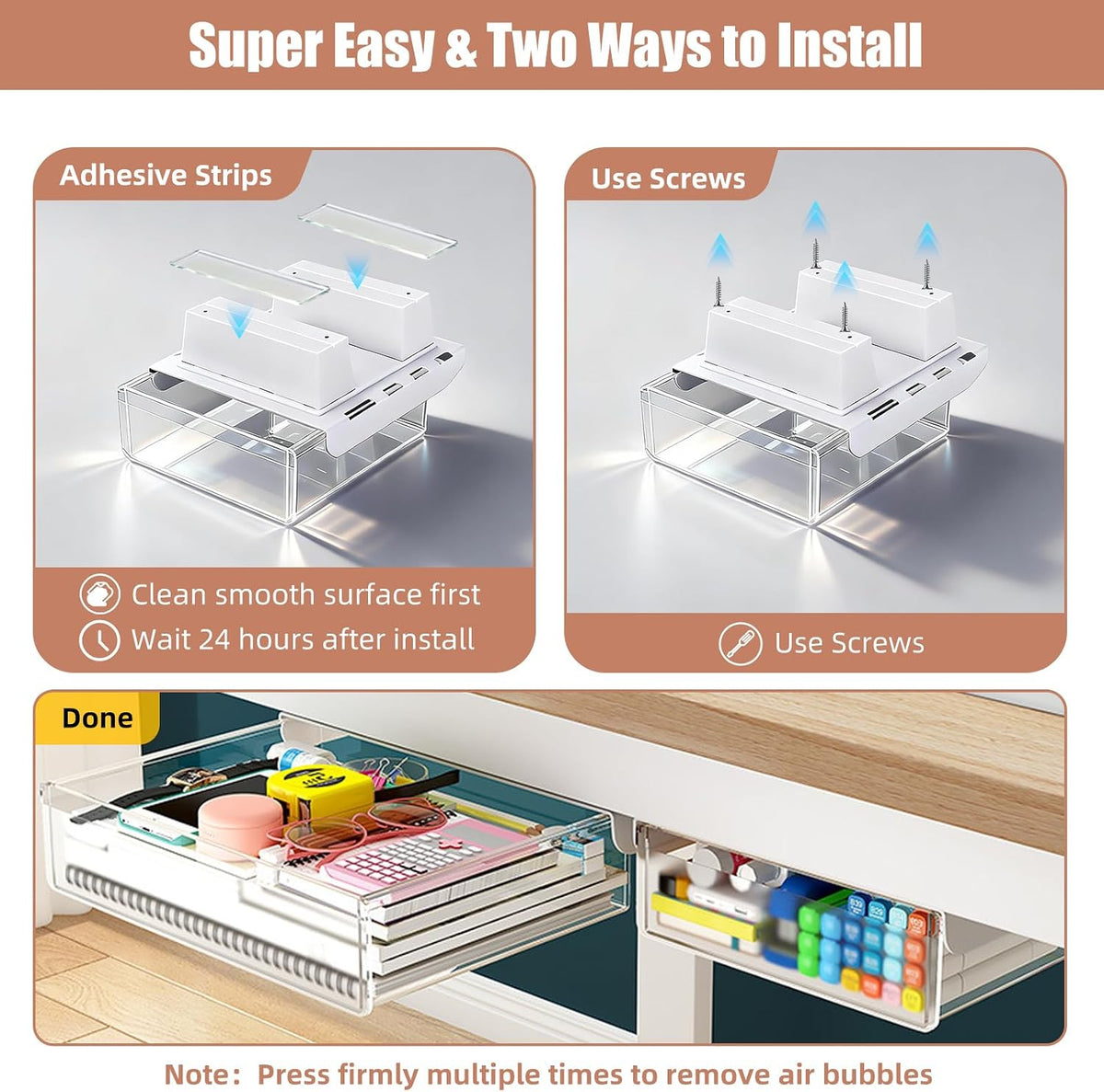 2-Pack Under Desk Drawer for Desk with Frame & Beam, Fits Where Standard Drawers Can't, 52mm Heightened Slide Out Organizer, Dual Adhesive or Screw Mount, Clear PET Under Table Storage