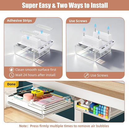 2-Pack Under Desk Drawer for Desk with Frame & Beam, Fits Where Standard Drawers Can't, 52mm Heightened Slide Out Organizer, Dual Adhesive or Screw Mount, Clear PET Under Table Storage