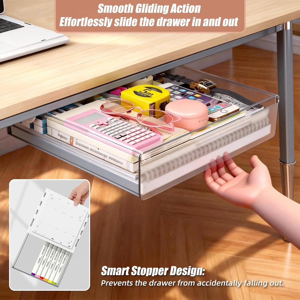 2-Pack Under Desk Drawer for Desk with Frame & Beam, Fits Where Standard Drawers Can't, 52mm Heightened Slide Out Organizer, Dual Adhesive or Screw Mount, Clear PET Under Table Storage