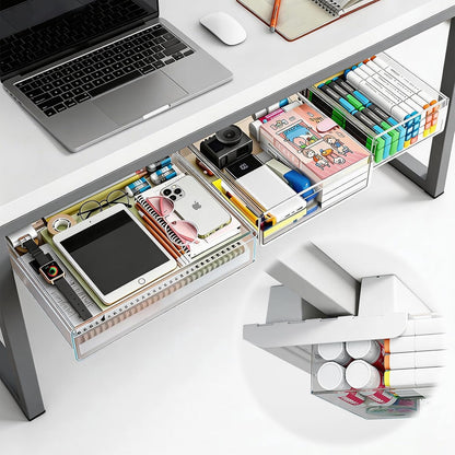 2-Pack Under Desk Drawer for Desk with Frame & Beam, Fits Where Standard Drawers Can't, 52mm Heightened Slide Out Organizer, Dual Adhesive or Screw Mount, Clear PET Under Table Storage