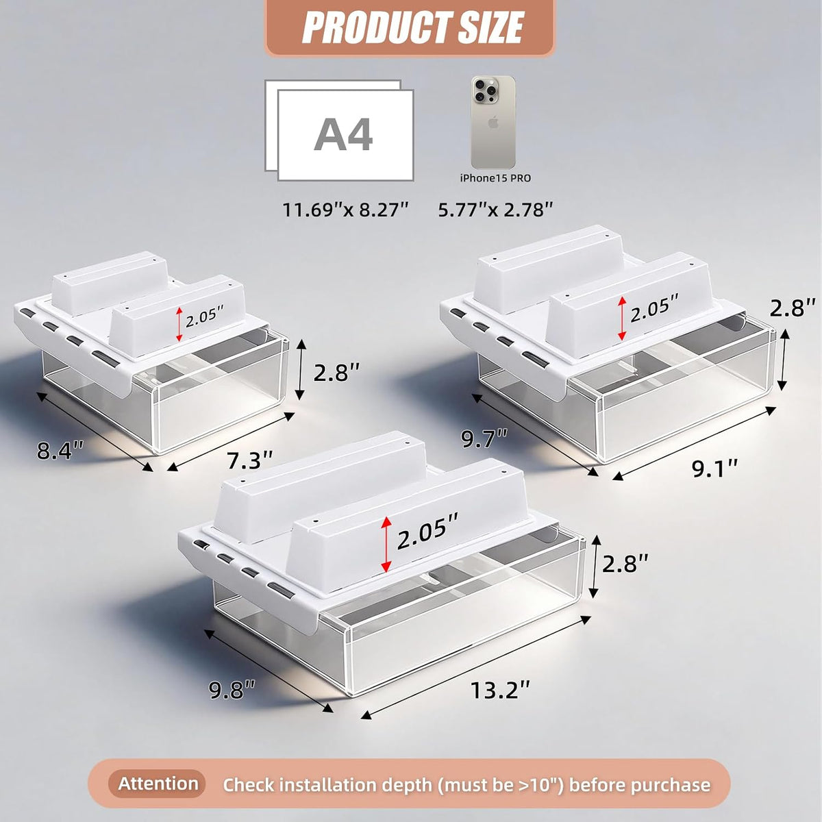 2-Pack Under Desk Drawer for Desk with Frame & Beam, Fits Where Standard Drawers Can't, 52mm Heightened Slide Out Organizer, Dual Adhesive or Screw Mount, Clear PET Under Table Storage