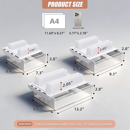2-Pack Under Desk Drawer for Desk with Frame & Beam, Fits Where Standard Drawers Can't, 52mm Heightened Slide Out Organizer, Dual Adhesive or Screw Mount, Clear PET Under Table Storage
