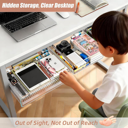 2-Pack Under Desk Drawer for Desk with Frame & Beam, Fits Where Standard Drawers Can't, 52mm Heightened Slide Out Organizer, Dual Adhesive or Screw Mount, Clear PET Under Table Storage