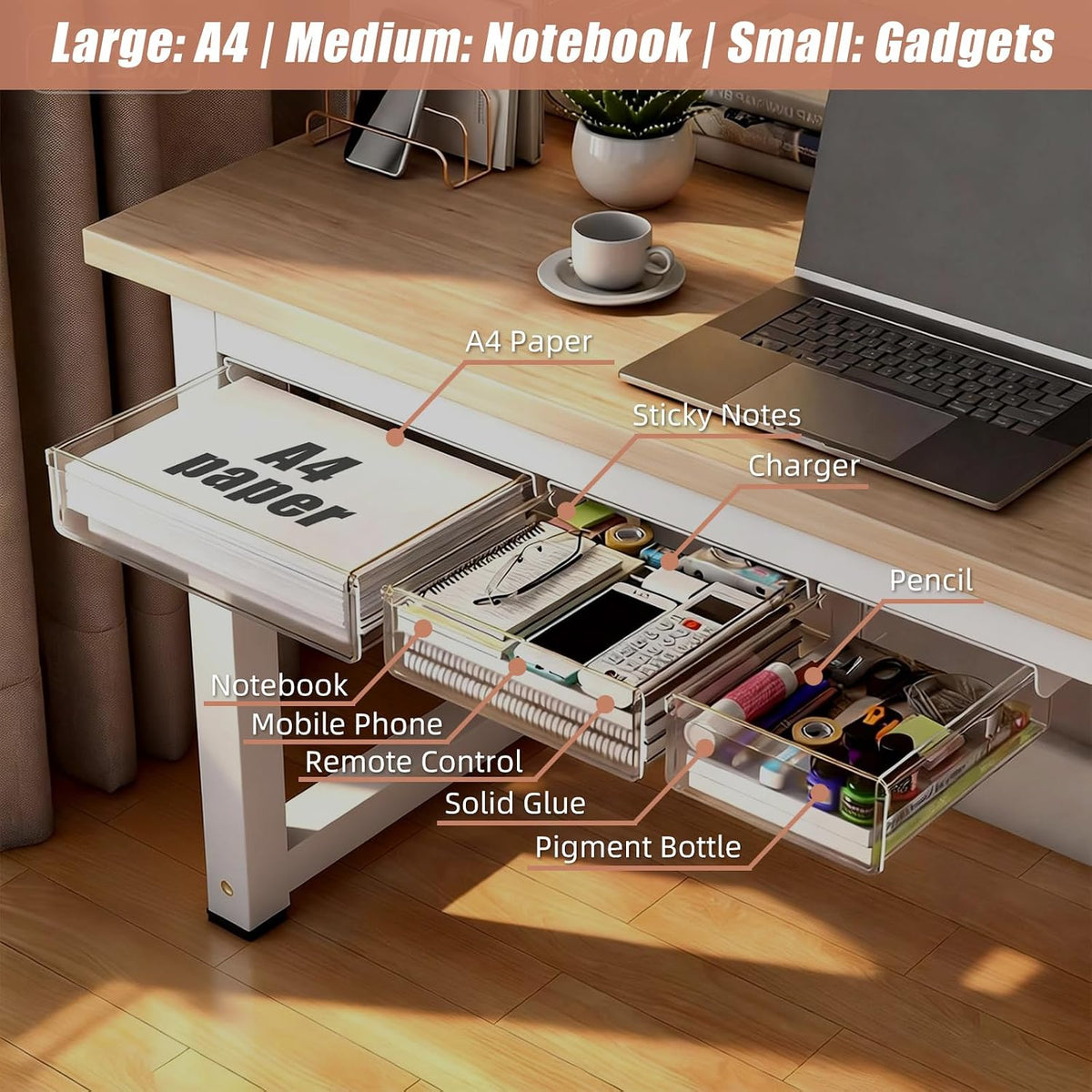 2-Pack Under Desk Drawer for Desk with Frame & Beam, Fits Where Standard Drawers Can't, 52mm Heightened Slide Out Organizer, Dual Adhesive or Screw Mount, Clear PET Under Table Storage