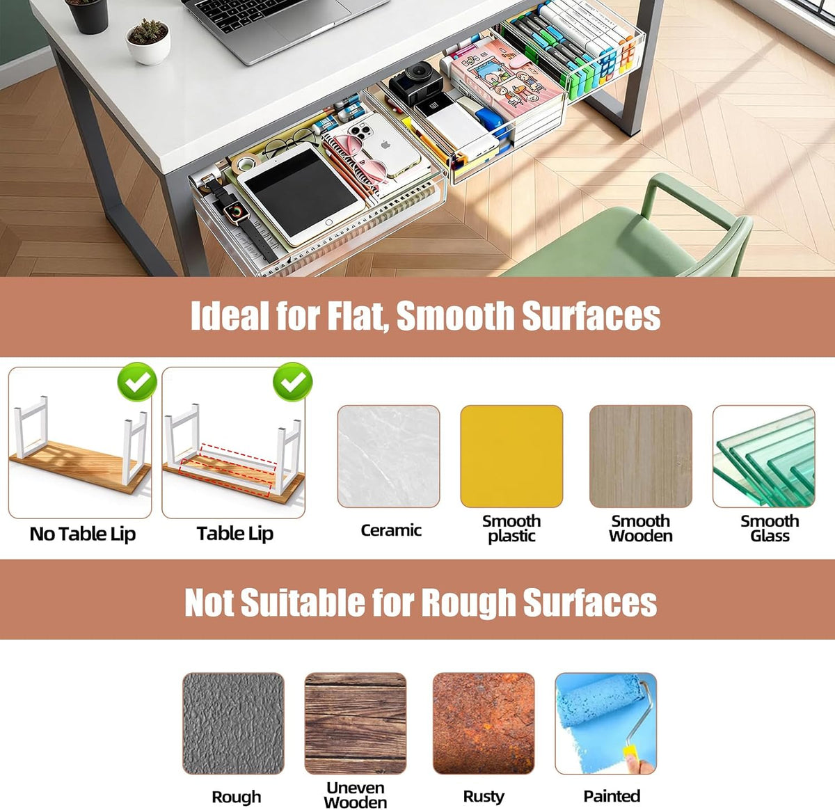 2-Pack Under Desk Drawer for Desk with Frame & Beam, Fits Where Standard Drawers Can't, 52mm Heightened Slide Out Organizer, Dual Adhesive or Screw Mount, Clear PET Under Table Storage