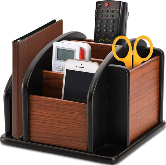 Wood Rotating Remote Caddy, Spinning Remote Control Holder for Table, 6-Compartment Wooden Revolving Office Supplies Desktop Storage Organizer for Pen, Pencil, Mail, Desk, Home, Living Room