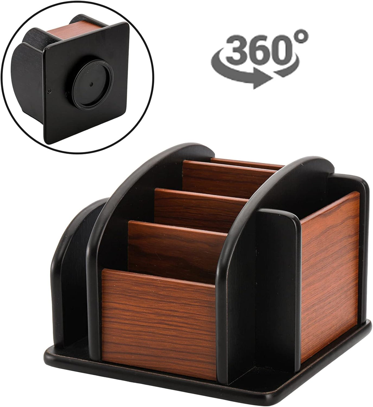 Wood Rotating Remote Caddy, Spinning Remote Control Holder for Table, 6-Compartment Wooden Revolving Office Supplies Desktop Storage Organizer for Pen, Pencil, Mail, Desk, Home, Living Room