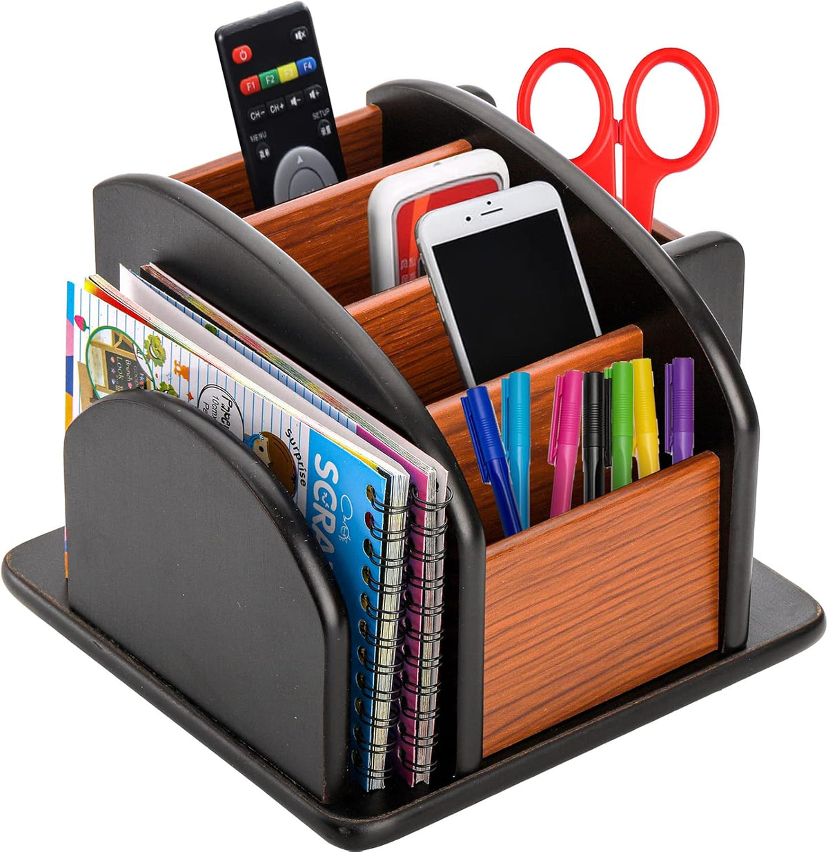 Wood Rotating Remote Caddy, Spinning Remote Control Holder for Table, 6-Compartment Wooden Revolving Office Supplies Desktop Storage Organizer for Pen, Pencil, Mail, Desk, Home, Living Room