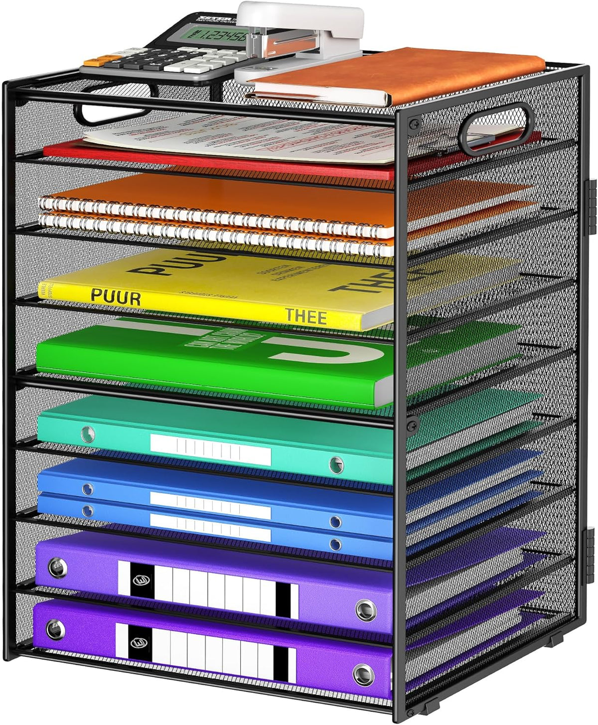 9 Tier Paper Organizer with Handle, Black Large Capacity Desk Organizer Mesh File Folder Letter Paper Tray Desktop Document Sorter for Classroom, School, and Office Accessories Organization