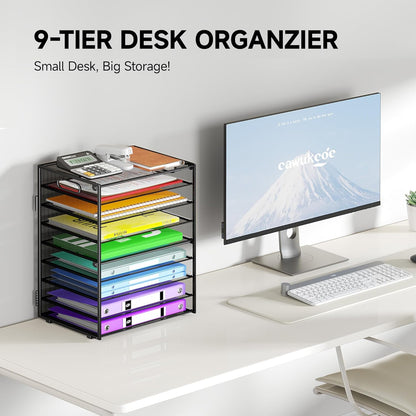 9 Tier Paper Organizer with Handle, Black Large Capacity Desk Organizer Mesh File Folder Letter Paper Tray Desktop Document Sorter for Classroom, School, and Office Accessories Organization