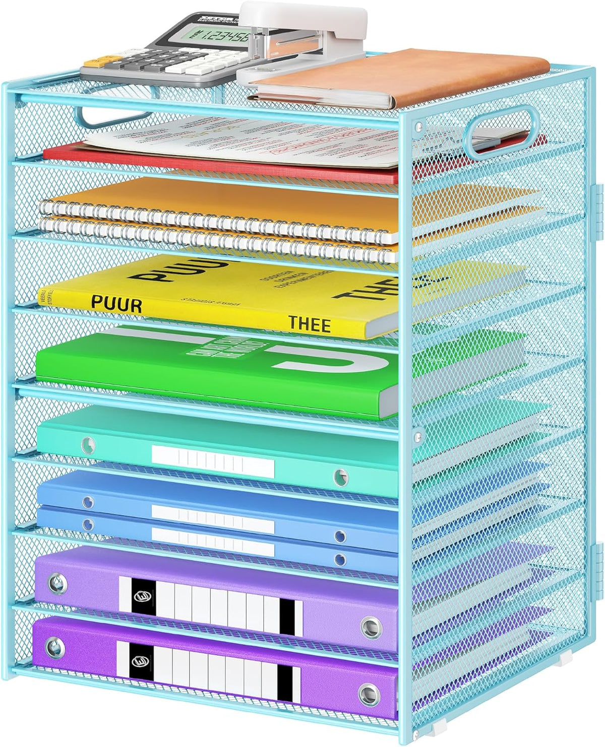 9 Tier Paper Organizer with Handle, Black Large Capacity Desk Organizer Mesh File Folder Letter Paper Tray Desktop Document Sorter for Classroom, School, and Office Accessories Organization