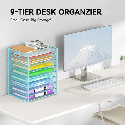 9 Tier Paper Organizer with Handle, Black Large Capacity Desk Organizer Mesh File Folder Letter Paper Tray Desktop Document Sorter for Classroom, School, and Office Accessories Organization