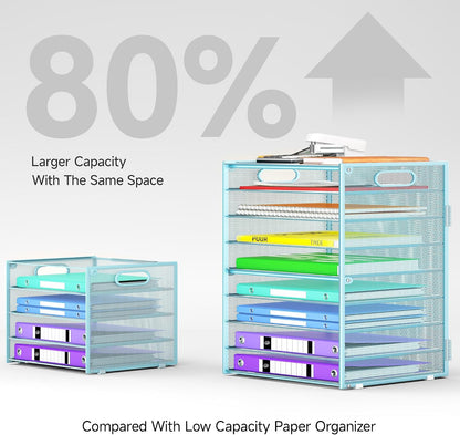 9 Tier Paper Organizer with Handle, Black Large Capacity Desk Organizer Mesh File Folder Letter Paper Tray Desktop Document Sorter for Classroom, School, and Office Accessories Organization