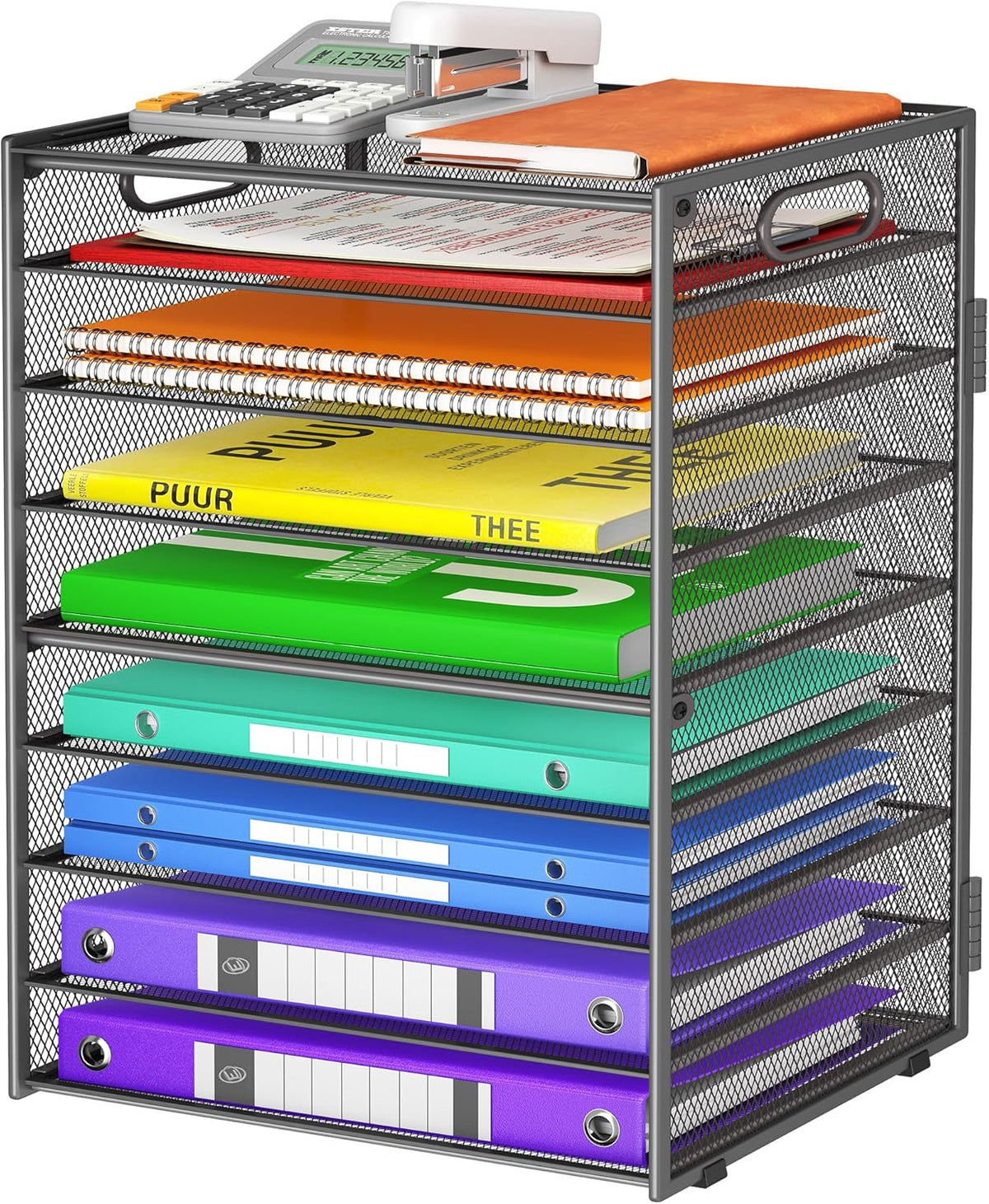 9 Tier Paper Organizer with Handle, Black Large Capacity Desk Organizer Mesh File Folder Letter Paper Tray Desktop Document Sorter for Classroom, School, and Office Accessories Organization