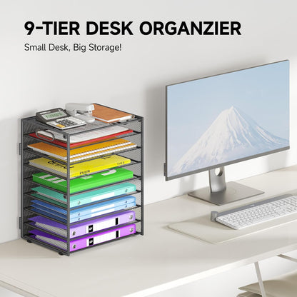9 Tier Paper Organizer with Handle, Black Large Capacity Desk Organizer Mesh File Folder Letter Paper Tray Desktop Document Sorter for Classroom, School, and Office Accessories Organization
