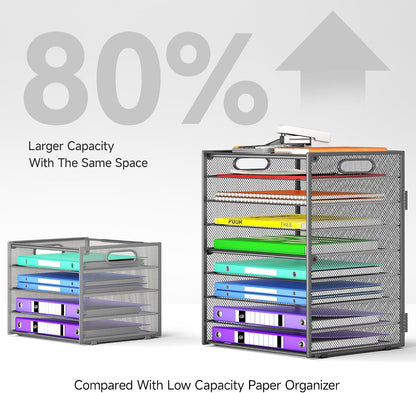 9 Tier Paper Organizer with Handle, Black Large Capacity Desk Organizer Mesh File Folder Letter Paper Tray Desktop Document Sorter for Classroom, School, and Office Accessories Organization
