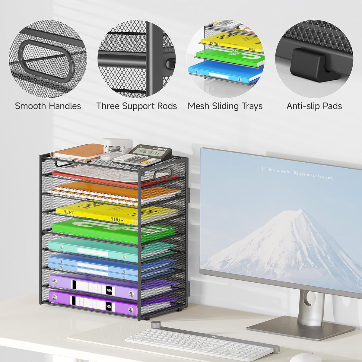 9 Tier Paper Organizer with Handle, Black Large Capacity Desk Organizer Mesh File Folder Letter Paper Tray Desktop Document Sorter for Classroom, School, and Office Accessories Organization