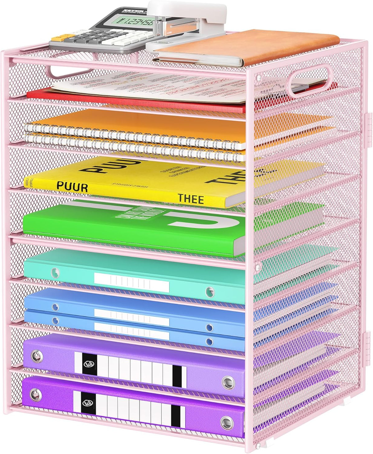 9 Tier Paper Organizer with Handle, Black Large Capacity Desk Organizer Mesh File Folder Letter Paper Tray Desktop Document Sorter for Classroom, School, and Office Accessories Organization