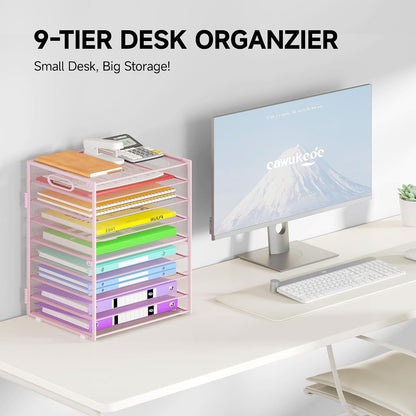 9 Tier Paper Organizer with Handle, Black Large Capacity Desk Organizer Mesh File Folder Letter Paper Tray Desktop Document Sorter for Classroom, School, and Office Accessories Organization