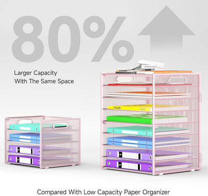 9 Tier Paper Organizer with Handle, Black Large Capacity Desk Organizer Mesh File Folder Letter Paper Tray Desktop Document Sorter for Classroom, School, and Office Accessories Organization