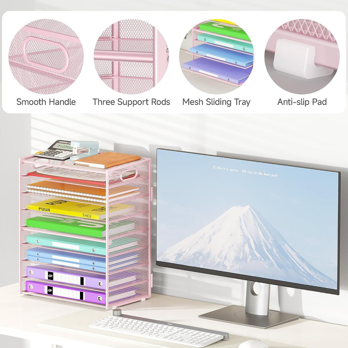 9 Tier Paper Organizer with Handle, Black Large Capacity Desk Organizer Mesh File Folder Letter Paper Tray Desktop Document Sorter for Classroom, School, and Office Accessories Organization