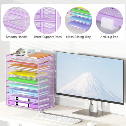 9 Tier Paper Organizer with Handle, Black Large Capacity Desk Organizer Mesh File Folder Letter Paper Tray Desktop Document Sorter for Classroom, School, and Office Accessories Organization