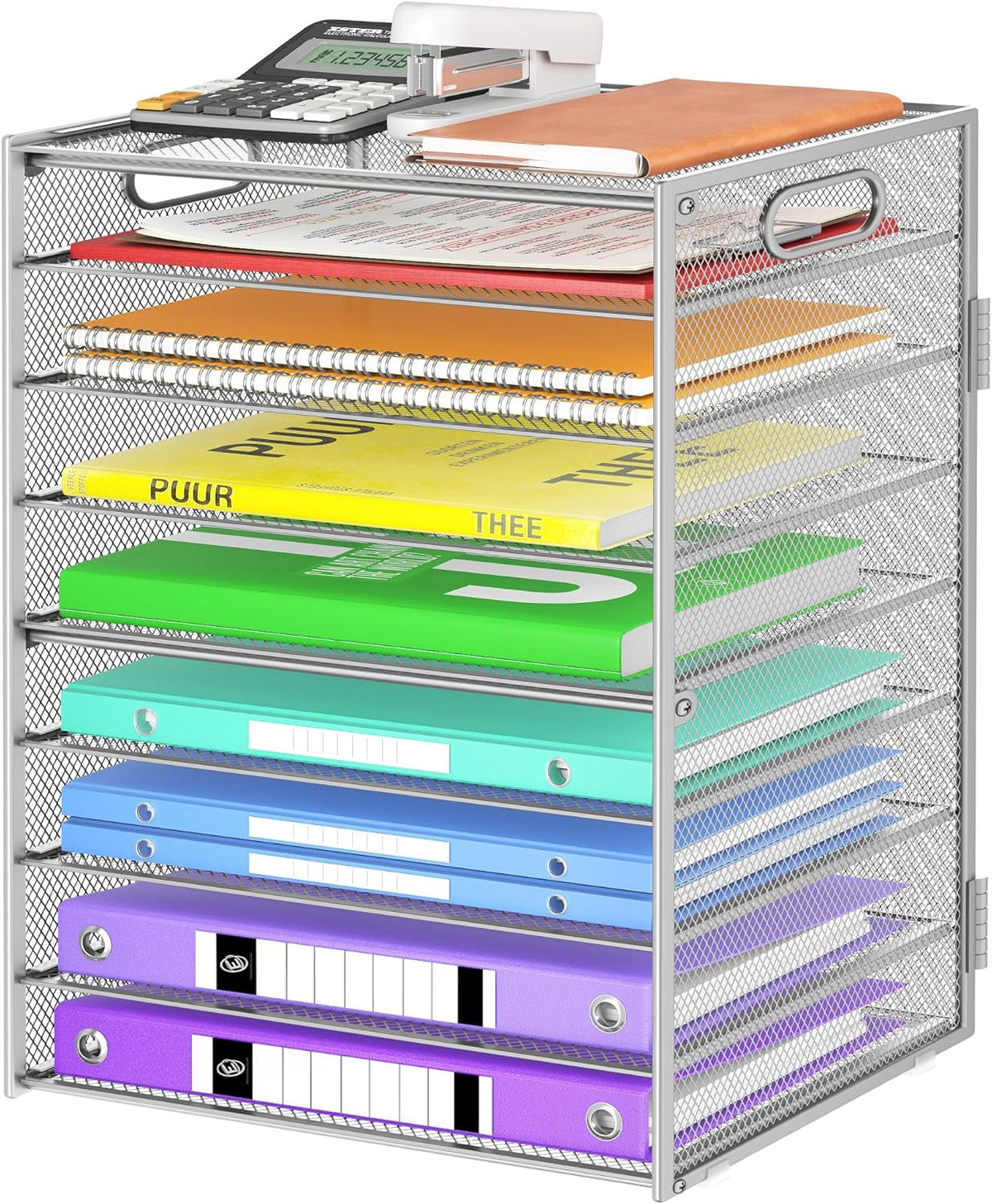 9 Tier Paper Organizer with Handle, Black Large Capacity Desk Organizer Mesh File Folder Letter Paper Tray Desktop Document Sorter for Classroom, School, and Office Accessories Organization