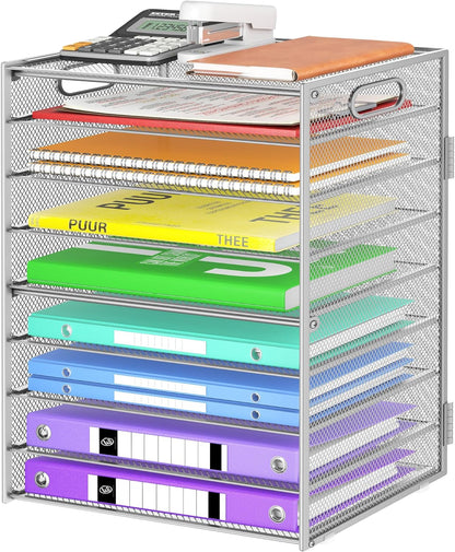 9 Tier Paper Organizer with Handle, Black Large Capacity Desk Organizer Mesh File Folder Letter Paper Tray Desktop Document Sorter for Classroom, School, and Office Accessories Organization