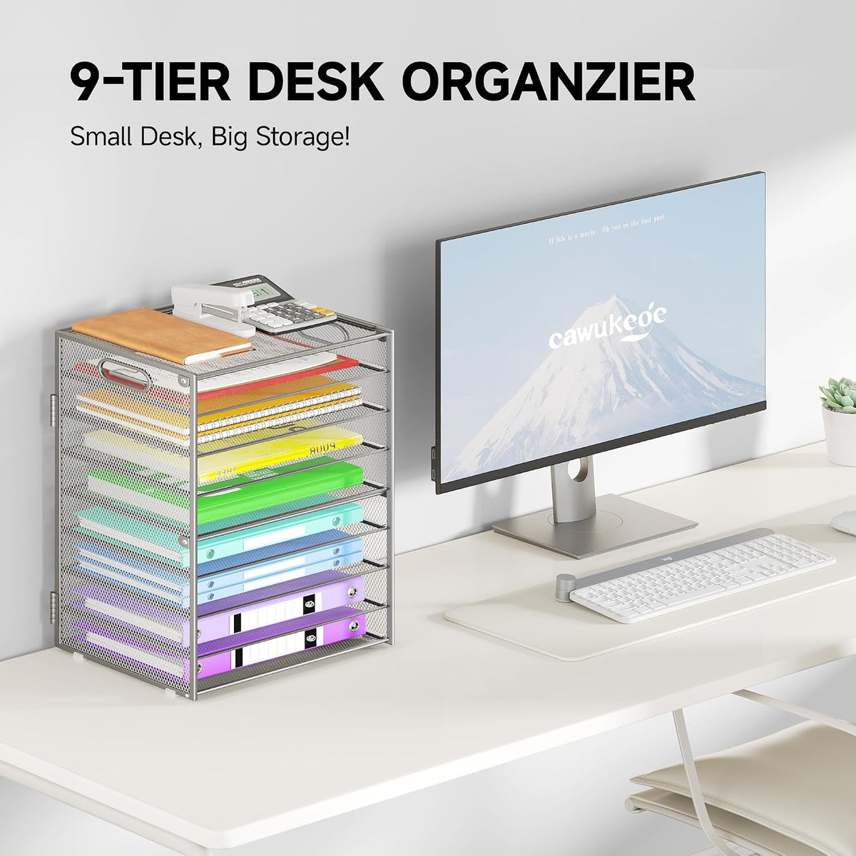 9 Tier Paper Organizer with Handle, Black Large Capacity Desk Organizer Mesh File Folder Letter Paper Tray Desktop Document Sorter for Classroom, School, and Office Accessories Organization