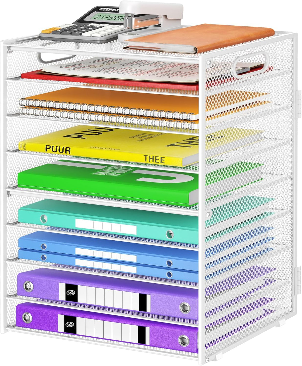 9 Tier Paper Organizer with Handle, Black Large Capacity Desk Organizer Mesh File Folder Letter Paper Tray Desktop Document Sorter for Classroom, School, and Office Accessories Organization