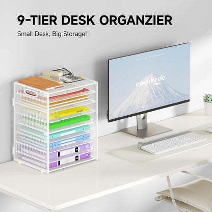 9 Tier Paper Organizer with Handle, Black Large Capacity Desk Organizer Mesh File Folder Letter Paper Tray Desktop Document Sorter for Classroom, School, and Office Accessories Organization