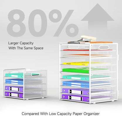 9 Tier Paper Organizer with Handle, Black Large Capacity Desk Organizer Mesh File Folder Letter Paper Tray Desktop Document Sorter for Classroom, School, and Office Accessories Organization