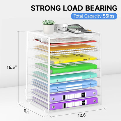 9 Tier Paper Organizer with Handle, Black Large Capacity Desk Organizer Mesh File Folder Letter Paper Tray Desktop Document Sorter for Classroom, School, and Office Accessories Organization