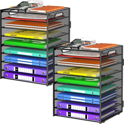 9 Tier Paper Organizer with Handle, Black Large Capacity Desk Organizer Mesh File Folder Letter Paper Tray Desktop Document Sorter for Classroom, School, and Office Accessories Organization
