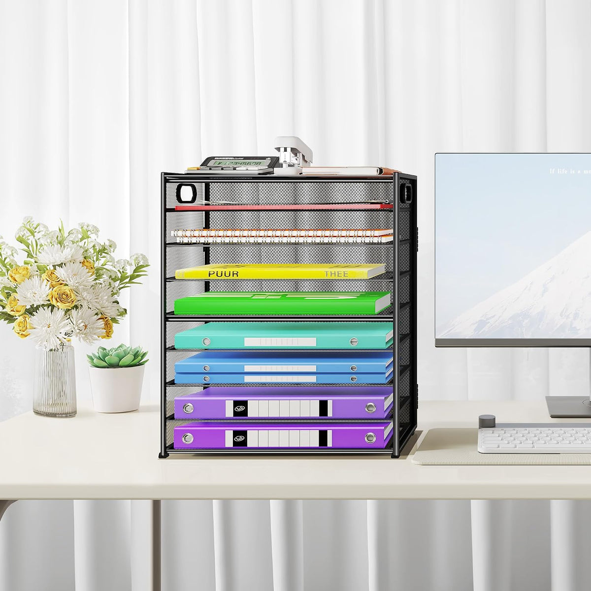 9 Tier Paper Organizer with Handle, Black Large Capacity Desk Organizer Mesh File Folder Letter Paper Tray Desktop Document Sorter for Classroom, School, and Office Accessories Organization