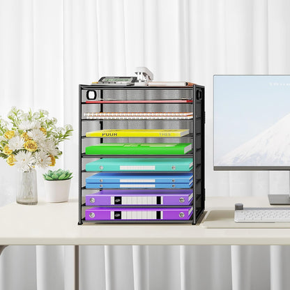 9 Tier Paper Organizer with Handle, Black Large Capacity Desk Organizer Mesh File Folder Letter Paper Tray Desktop Document Sorter for Classroom, School, and Office Accessories Organization