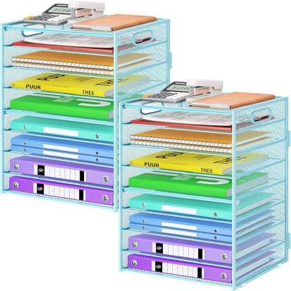 9 Tier Paper Organizer with Handle, Black Large Capacity Desk Organizer Mesh File Folder Letter Paper Tray Desktop Document Sorter for Classroom, School, and Office Accessories Organization