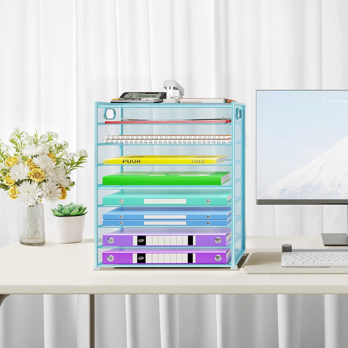 9 Tier Paper Organizer with Handle, Black Large Capacity Desk Organizer Mesh File Folder Letter Paper Tray Desktop Document Sorter for Classroom, School, and Office Accessories Organization