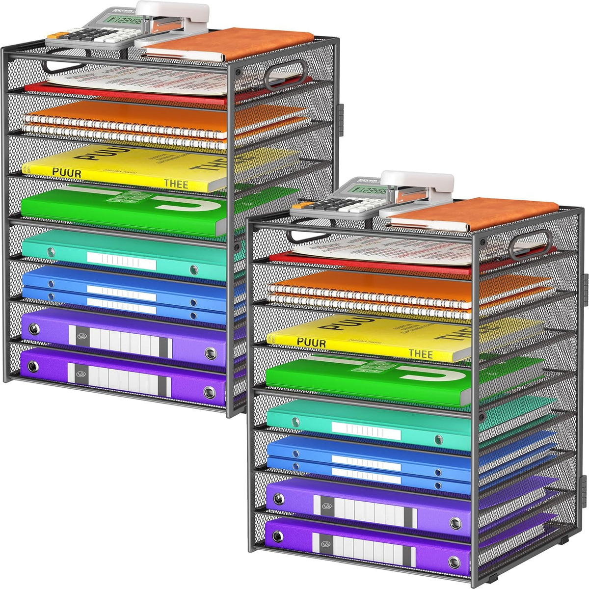 9 Tier Paper Organizer with Handle, Black Large Capacity Desk Organizer Mesh File Folder Letter Paper Tray Desktop Document Sorter for Classroom, School, and Office Accessories Organization