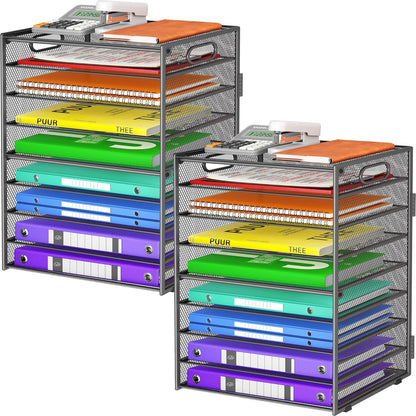 9 Tier Paper Organizer with Handle, Black Large Capacity Desk Organizer Mesh File Folder Letter Paper Tray Desktop Document Sorter for Classroom, School, and Office Accessories Organization