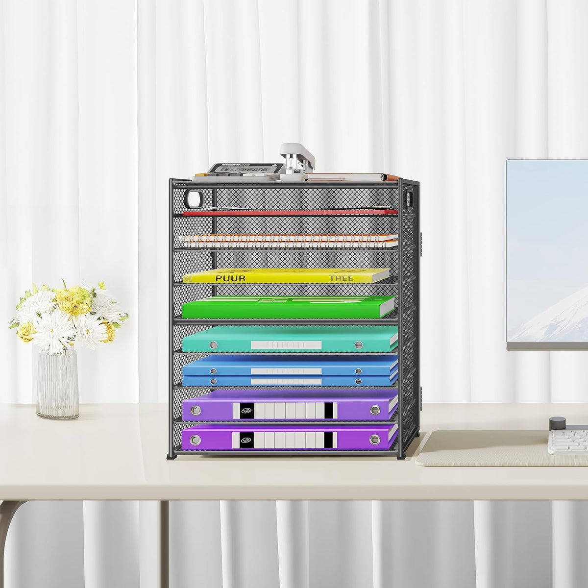 9 Tier Paper Organizer with Handle, Black Large Capacity Desk Organizer Mesh File Folder Letter Paper Tray Desktop Document Sorter for Classroom, School, and Office Accessories Organization