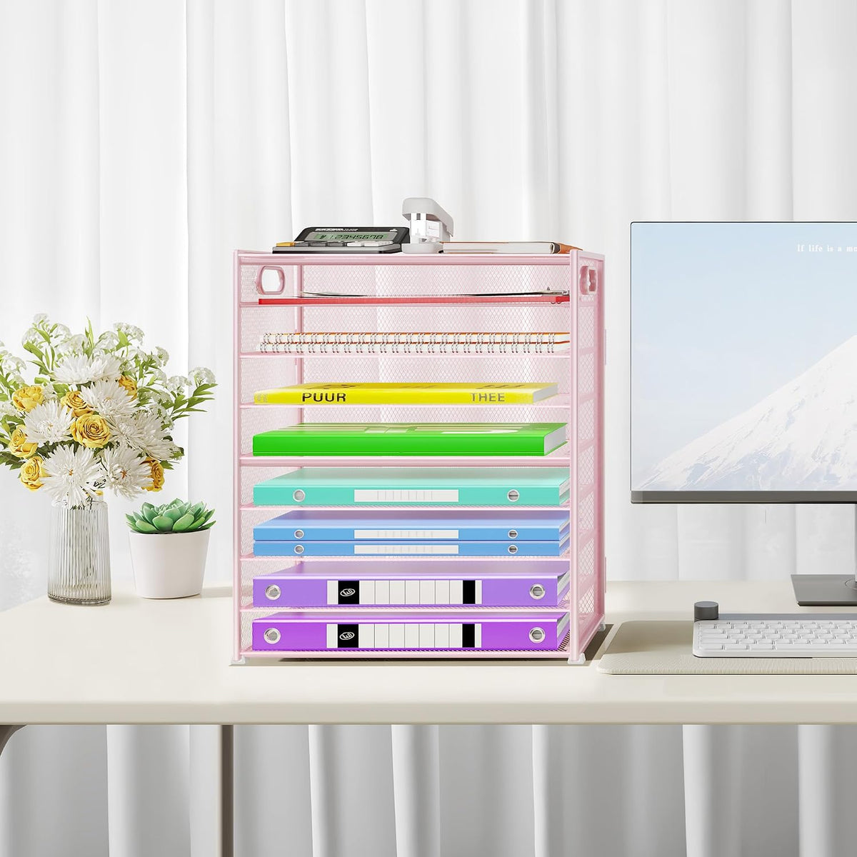 9 Tier Paper Organizer with Handle, Black Large Capacity Desk Organizer Mesh File Folder Letter Paper Tray Desktop Document Sorter for Classroom, School, and Office Accessories Organization