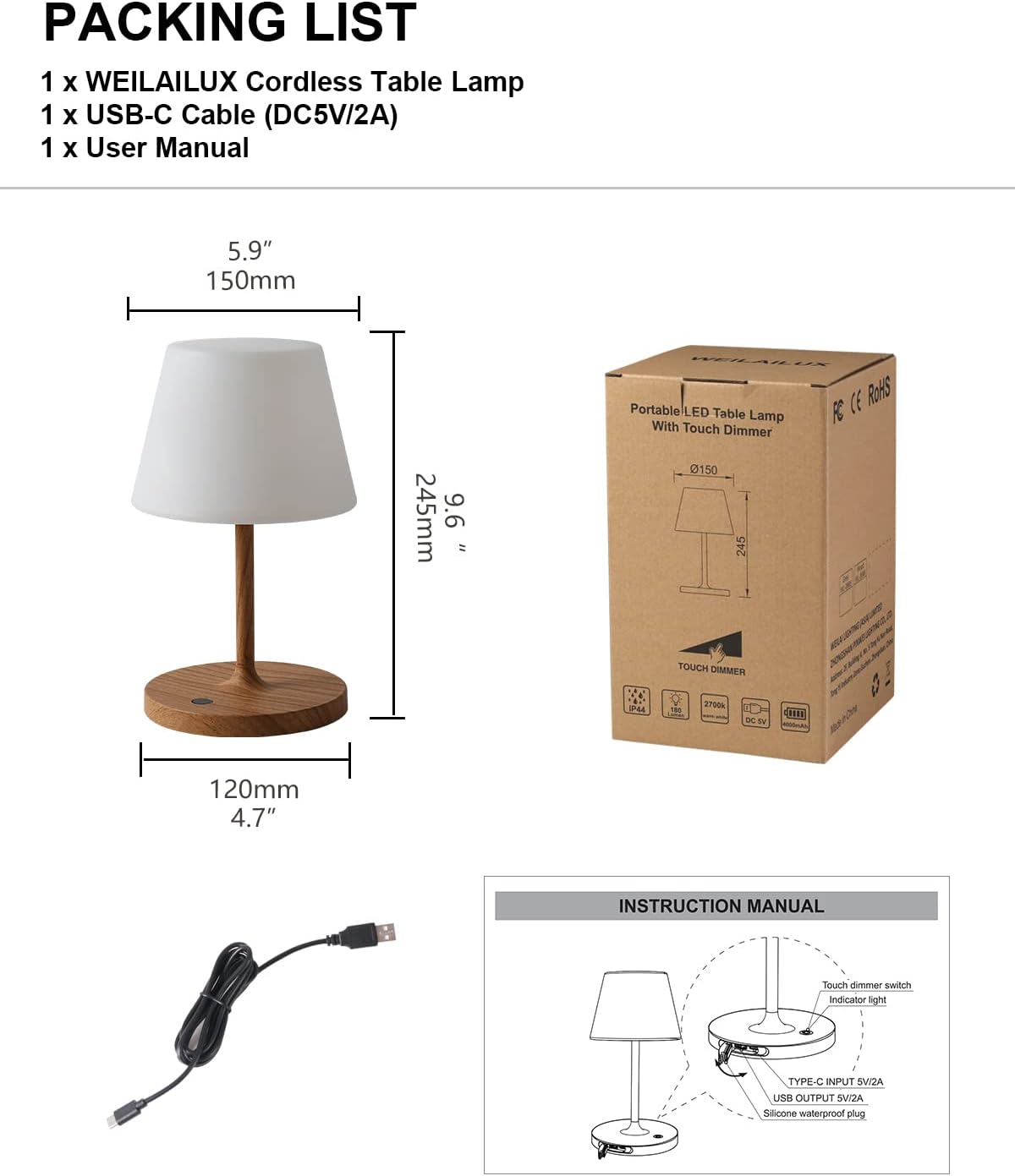 Outdoor Table Lamp, Shower Lamp Waterproof (Wood Grain H9.6in)